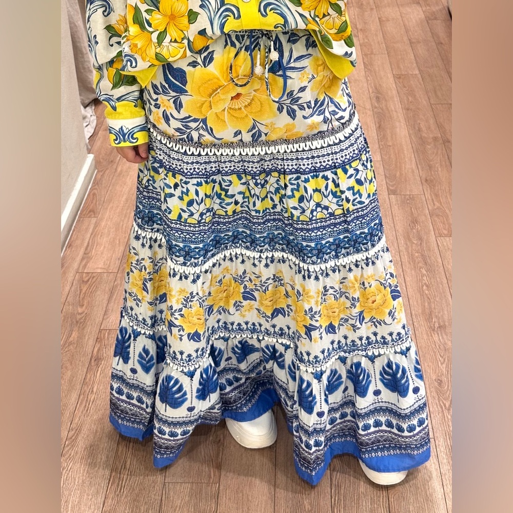 FARM Rio Blue and Yellow Floral A-Line Skirt